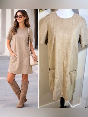 JADE by Melody Tam Taupe Faux Suede Shift Dress Pocket Detail Size Large 💚